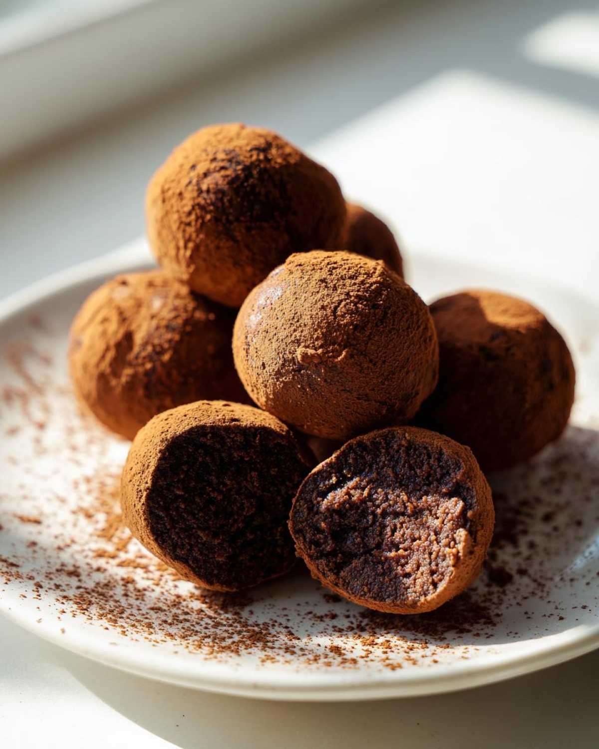 Close-up of rich, dark chocolate protein balls dusted with cocoa powder, one cut in half.