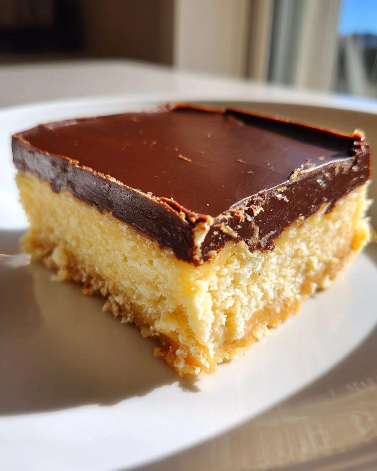A close-up of a thick, layered no-bake peanut butter bars square topped with smooth chocolate ganache.