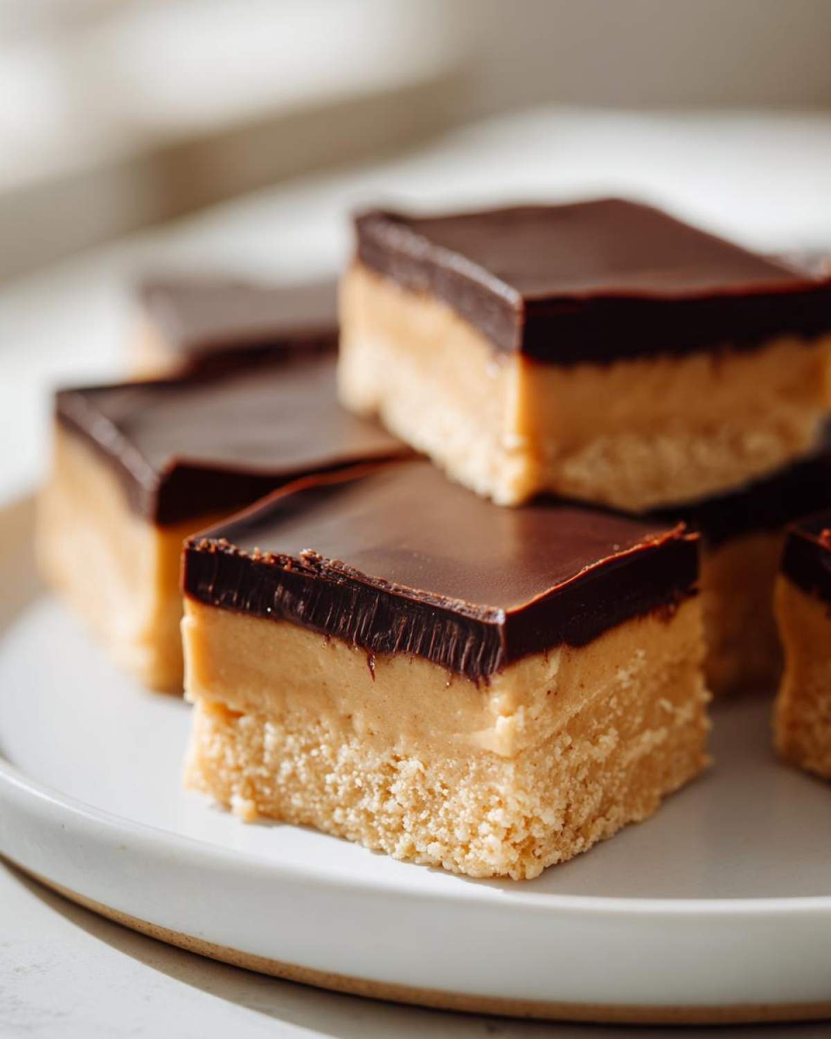 Close-up of three stacked no-bake peanut butter bars featuring a crumbly base, creamy peanut butter layer, and dark chocolate topping.
