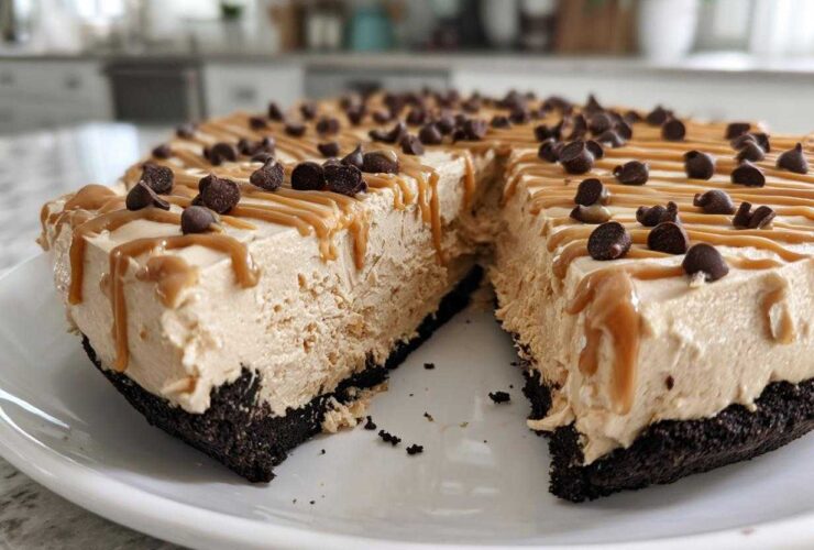 A slice removed from a creamy no-bake peanut butter pie topped with caramel drizzle and chocolate chips.