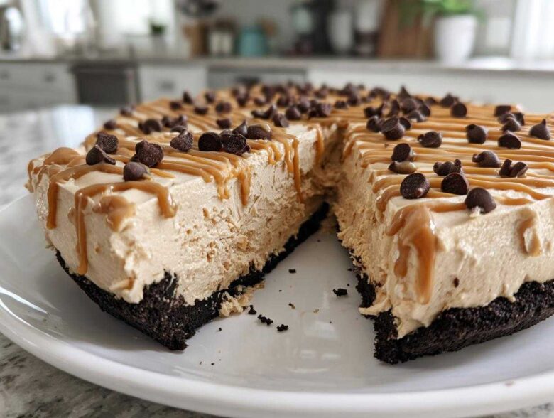 A slice removed from a creamy no-bake peanut butter pie topped with caramel drizzle and chocolate chips.