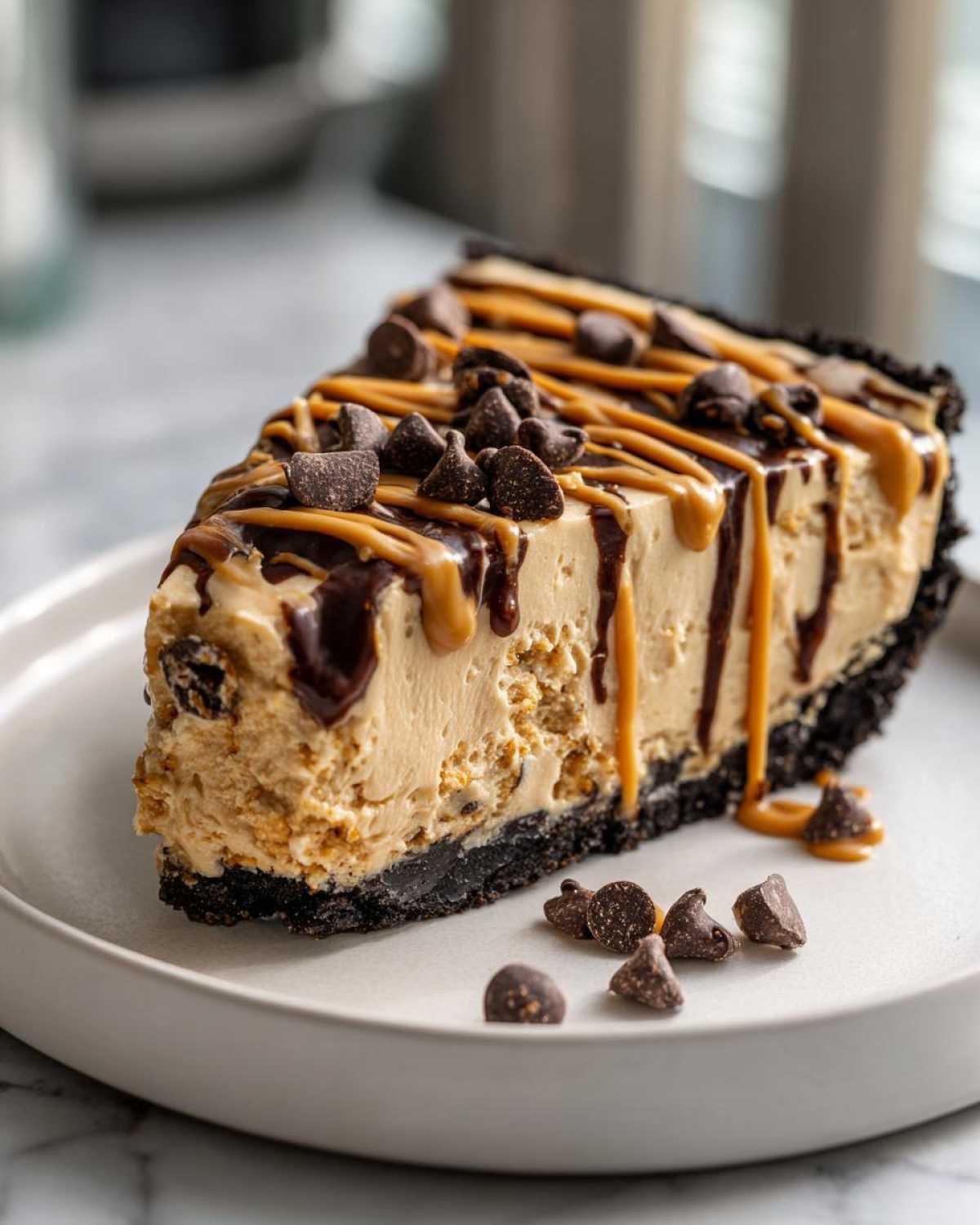 A decadent slice of no-bake peanut butter pie with a dark crust, topped with peanut butter drizzle and chocolate chips.