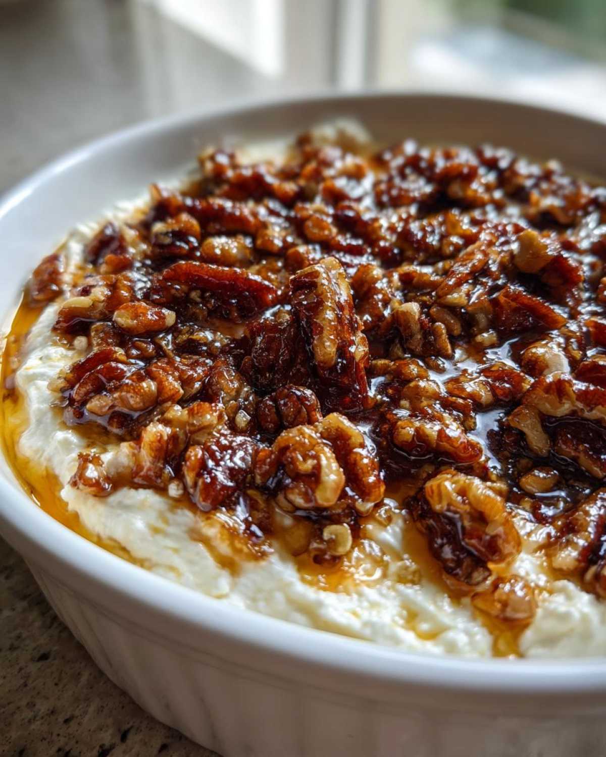 Close-up of a creamy, white pecan pie dip topped with glossy, caramelized pecans in a white serving dish.