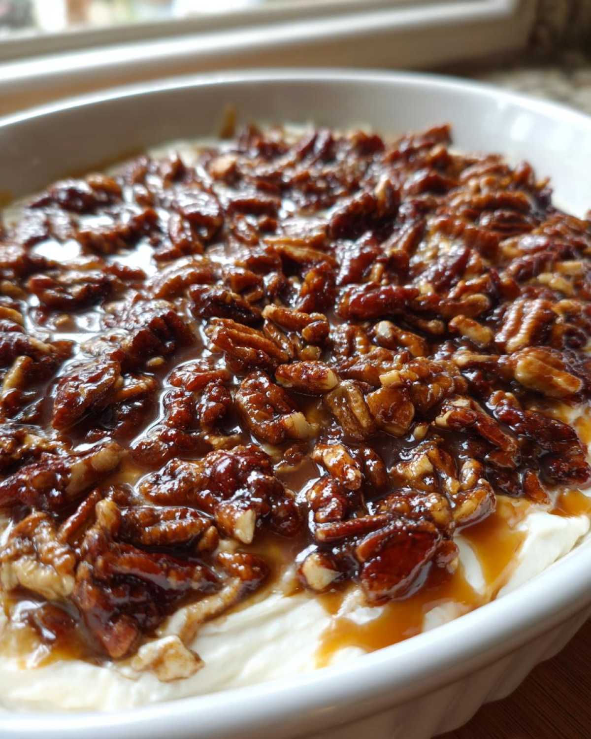 Close-up of a creamy white base topped generously with glazed pecans for a delicious pecan pie dip.