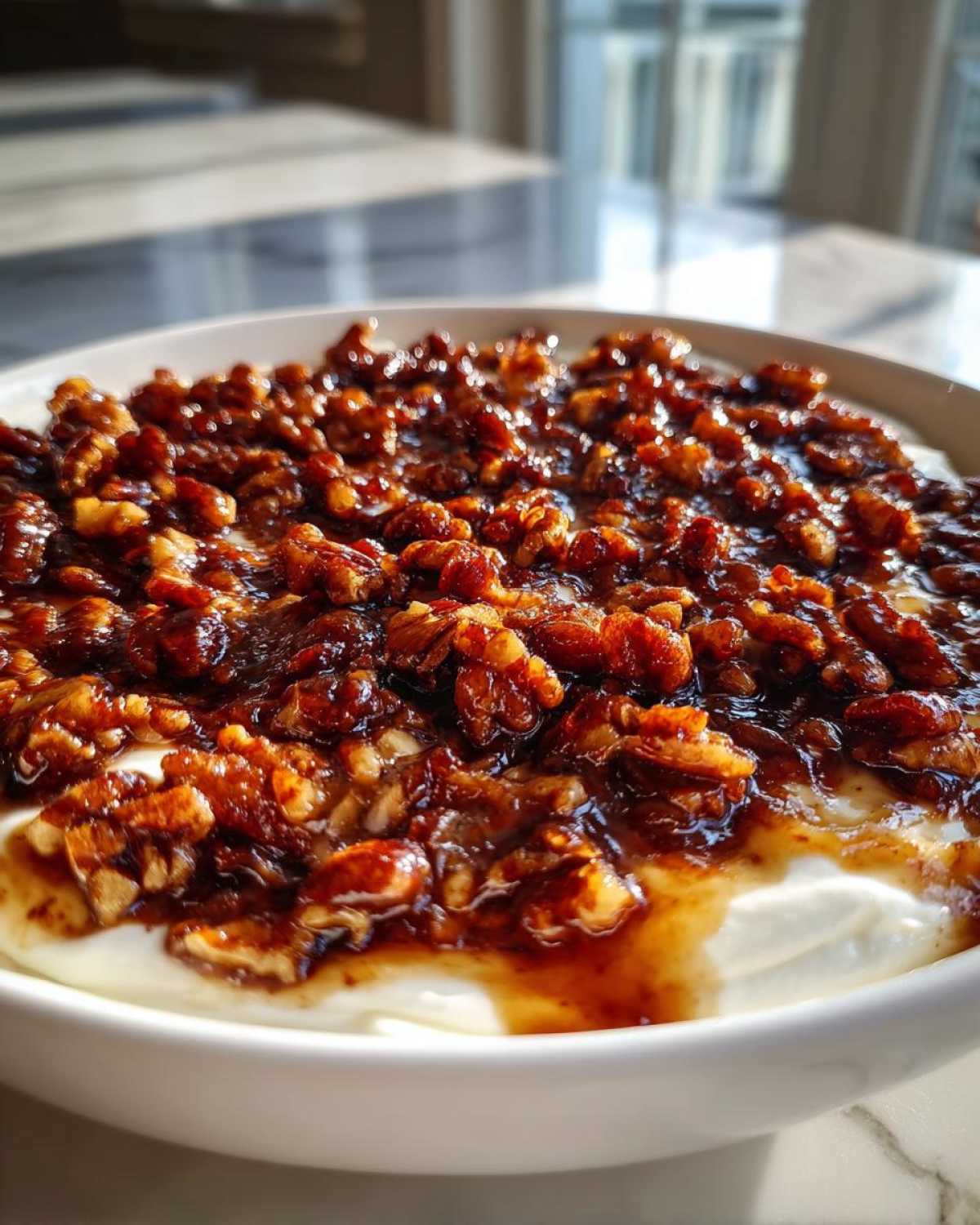 Close-up of a sweet, glossy topping made of candied pecans over a creamy base, showcasing the pecan pie dip.