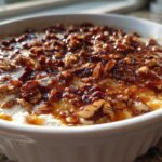 A close-up of a creamy, white pecan pie dip topped generously with sticky, caramelized pecans.