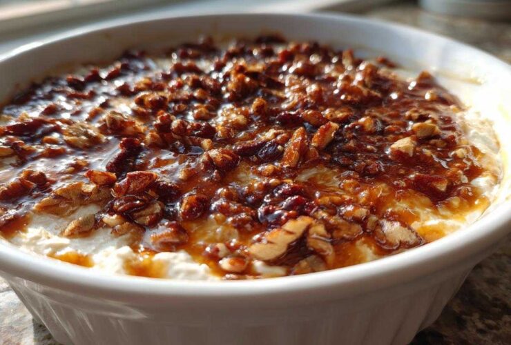 A close-up of a creamy, white pecan pie dip topped generously with sticky, caramelized pecans.