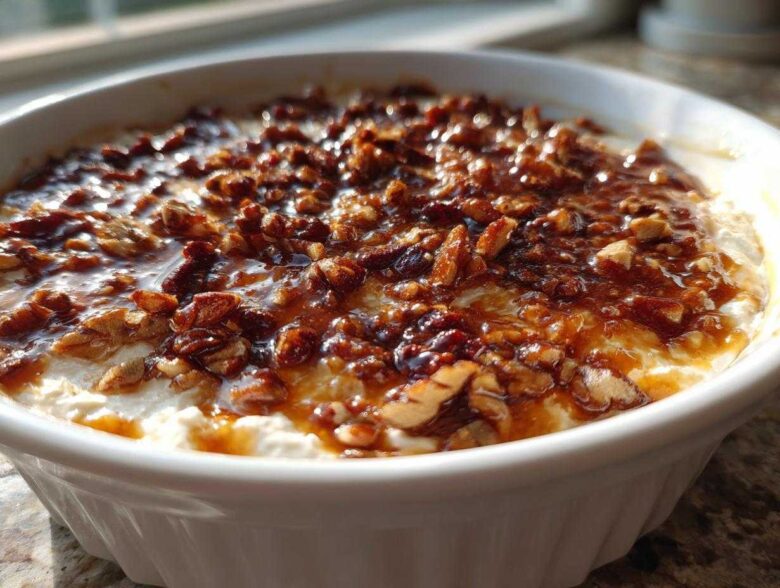 A close-up of a creamy, white pecan pie dip topped generously with sticky, caramelized pecans.