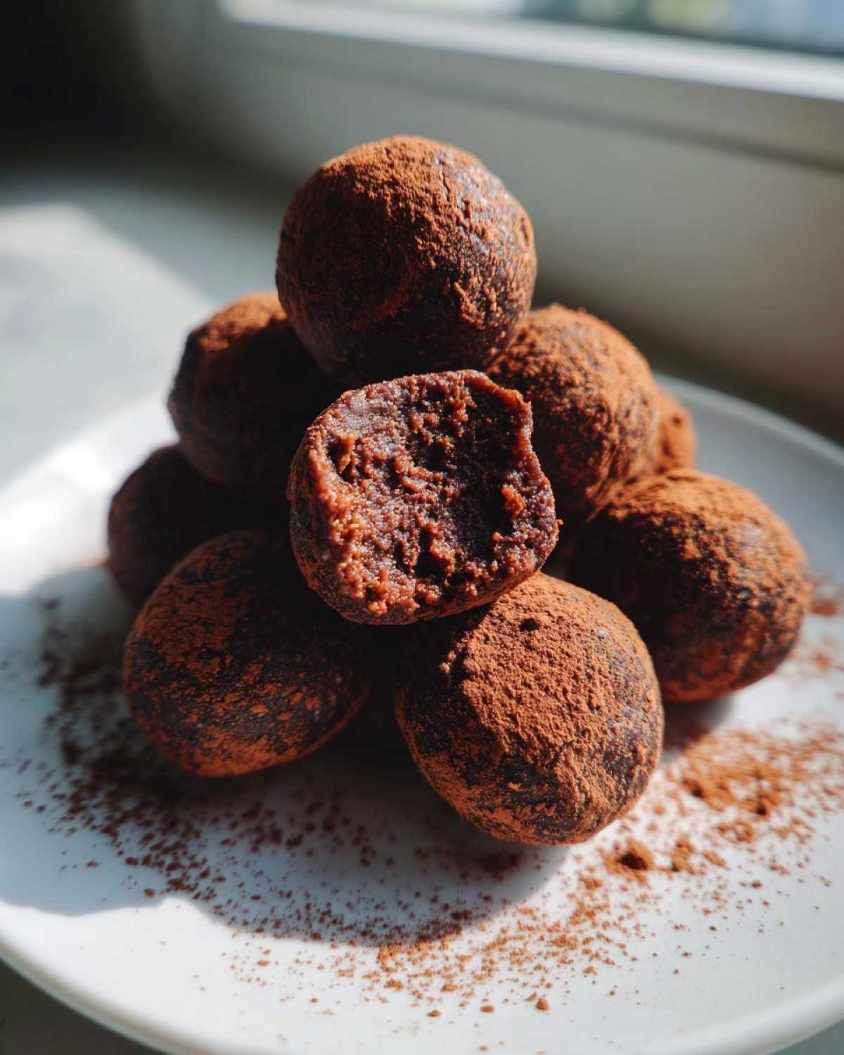 A stack of rich, dark chocolate protein balls dusted heavily with cocoa powder, one is bitten into.