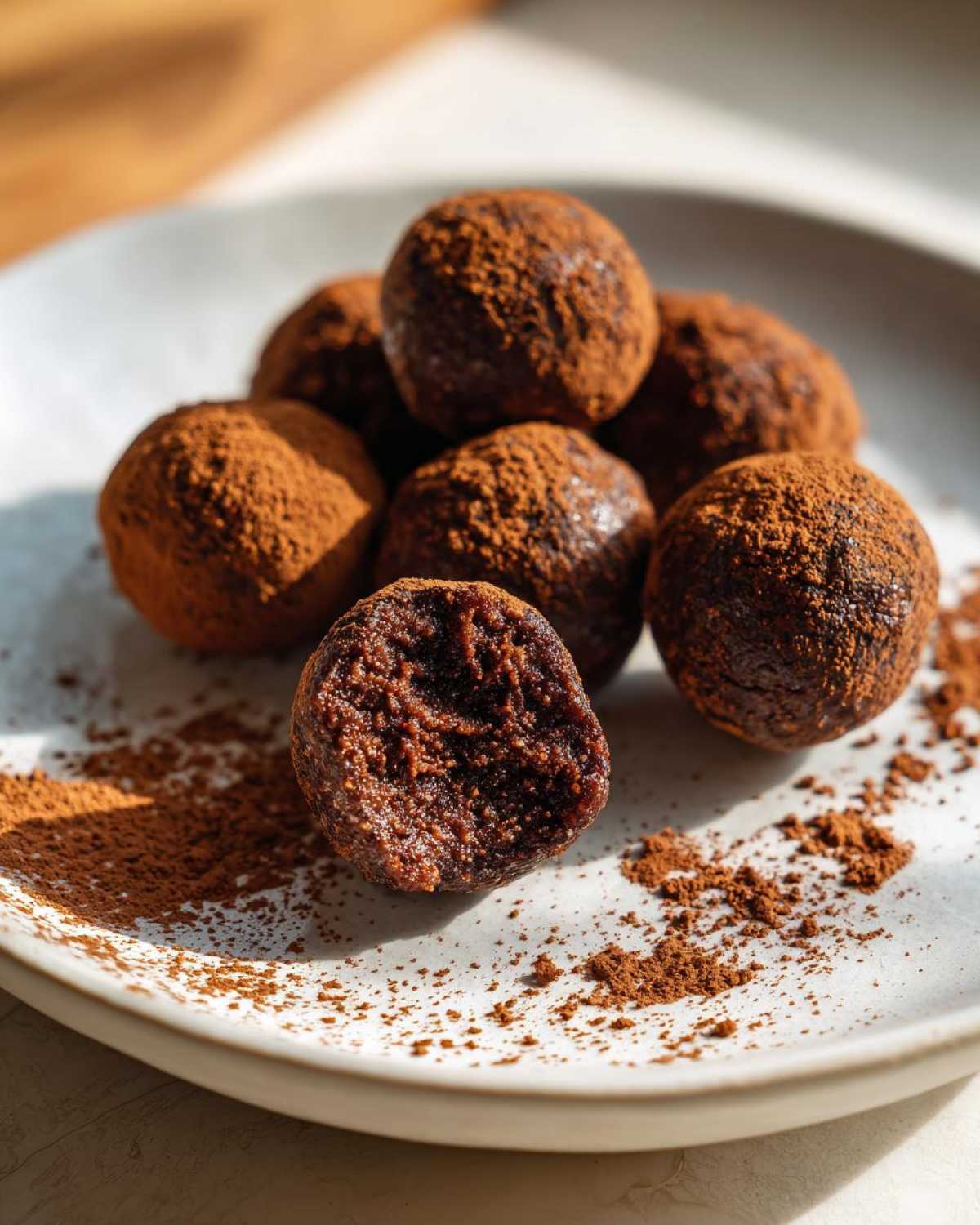 A plate of rich, dark chocolate protein balls dusted heavily with cocoa powder, one is cut open.