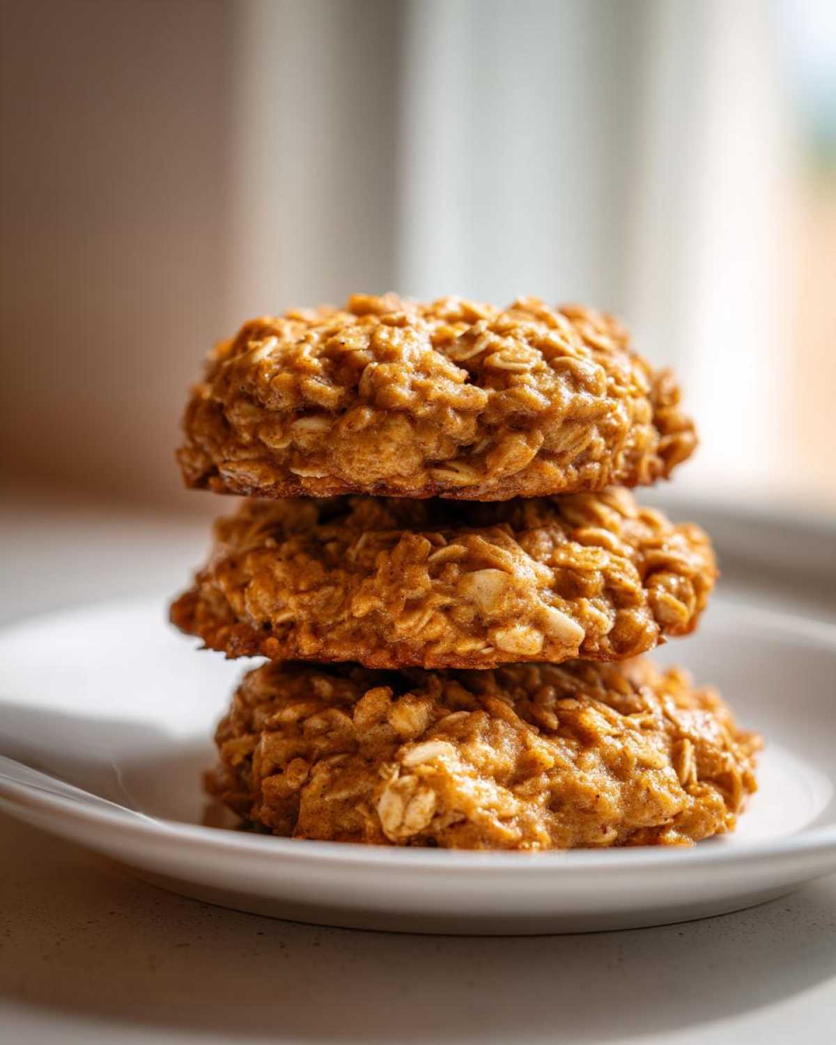 A vertical stack of three golden brown, textured oatmeal breakfast cookie treats on a white plate.