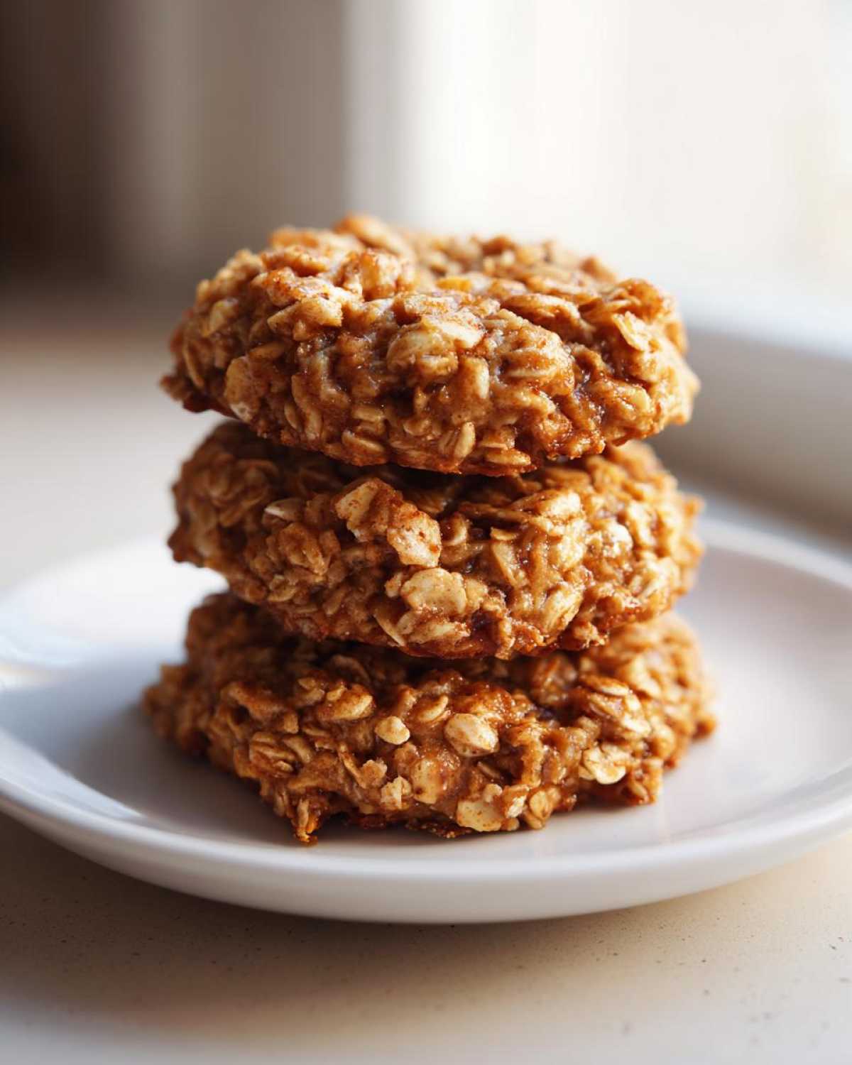 A stack of three chewy, oat-based breakfast cookie rounds sitting on a white plate.