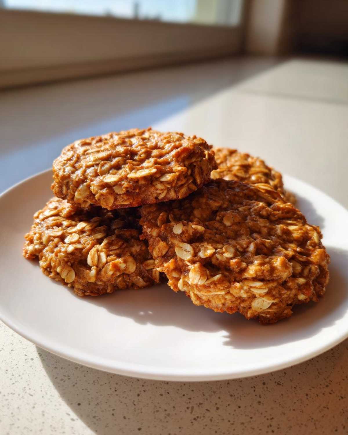 A stack of four golden brown, textured breakfast cookie treats made with visible oats, sitting on a white plate.