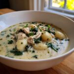 Close-up of creamy Olive Garden Chicken Gnocchi Soup with shredded chicken, spinach, and plump gnocchi.