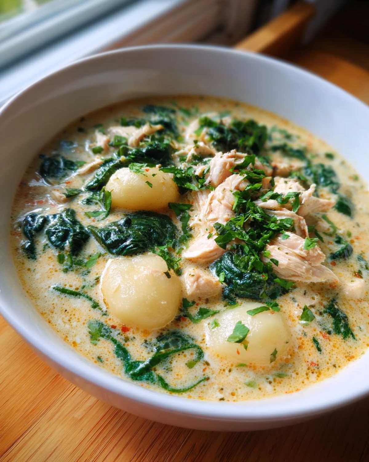 A creamy bowl of homemade olive garden chicken gnocchi soup featuring tender chicken, spinach, and potato gnocchi, garnished with parsley.