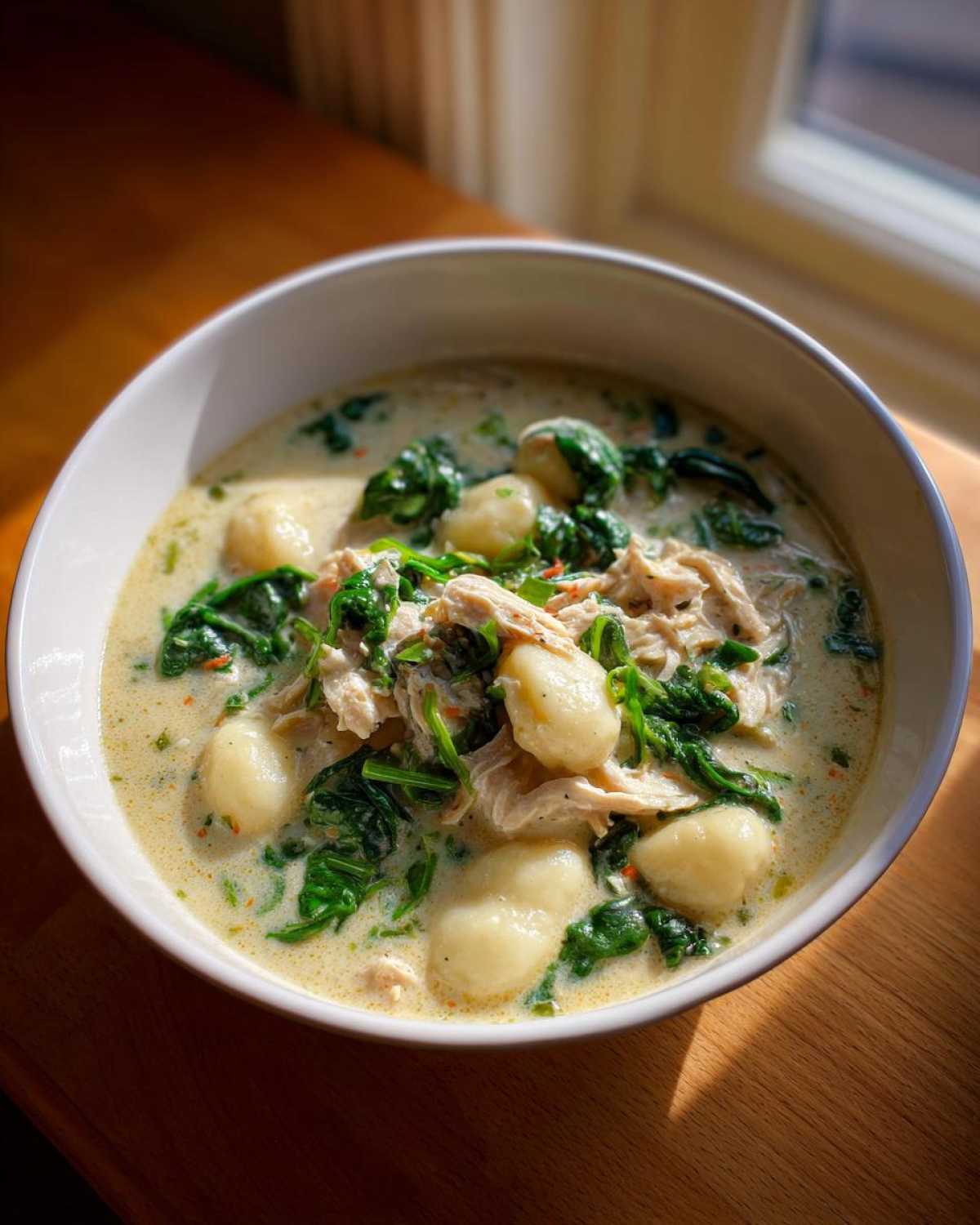 Close-up of a creamy bowl of Olive Garden Chicken Gnocchi Soup featuring tender gnocchi, shredded chicken, and wilted spinach.