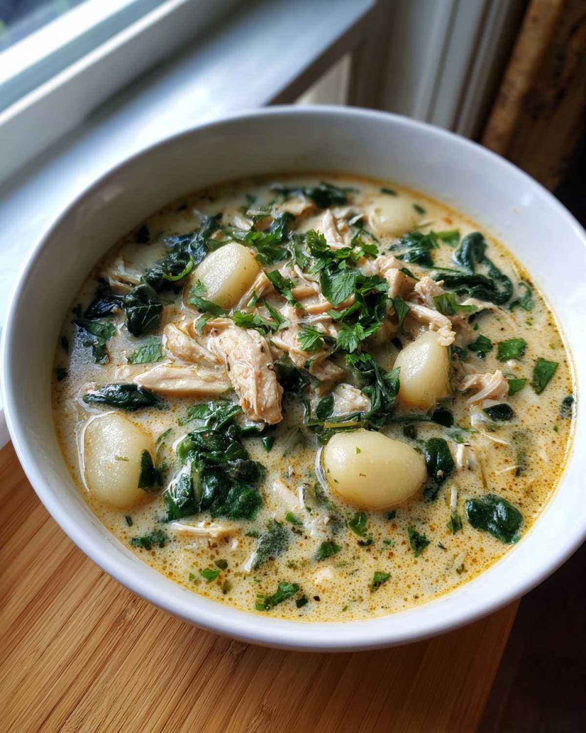 A close-up of creamy olive garden chicken gnocchi soup topped with fresh parsley and served in a white bowl.