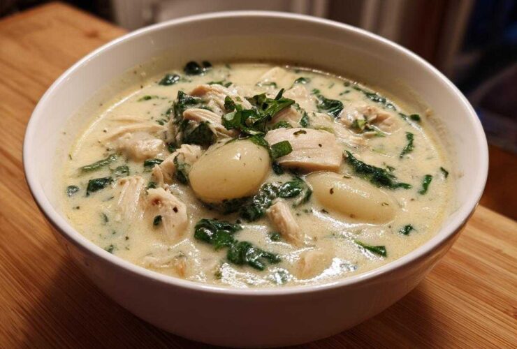 A close-up of a white bowl filled with creamy olive garden chicken gnocchi soup, featuring chicken, spinach, and potato gnocchi.