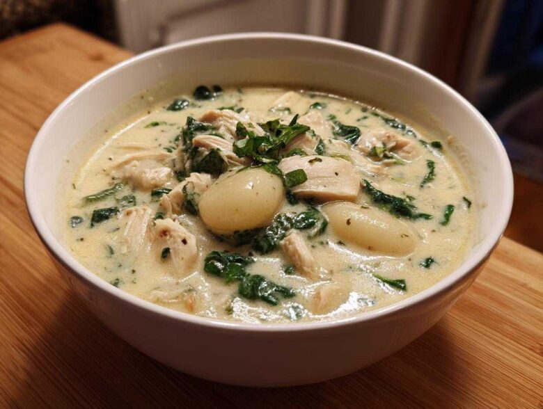 A close-up of a white bowl filled with creamy olive garden chicken gnocchi soup, featuring chicken, spinach, and potato gnocchi.