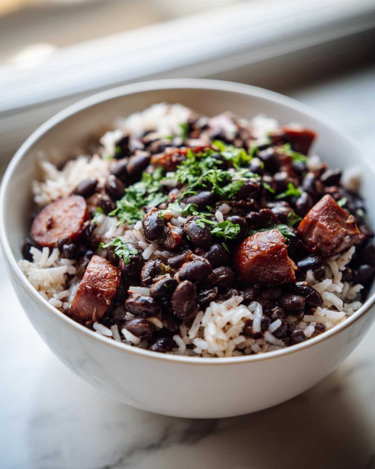 A close-up of a bowl filled with amazing one-pot black beans and rice, topped with sliced sausage and fresh parsley.