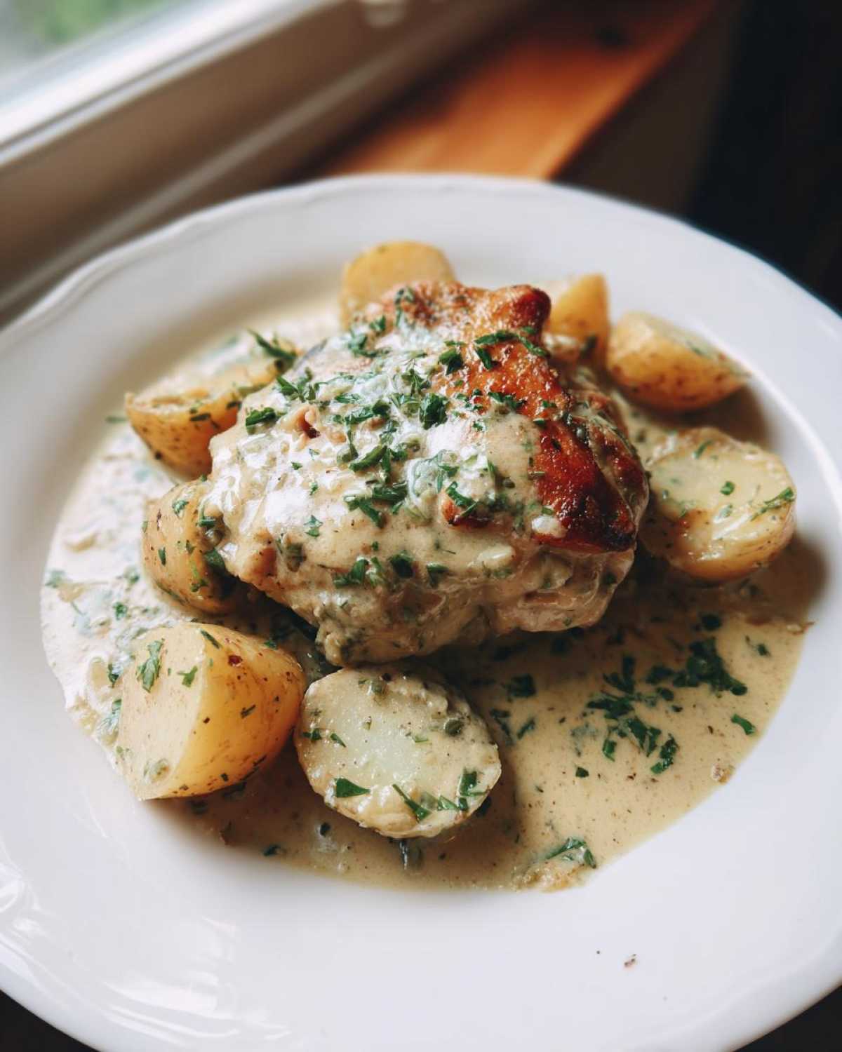 A single serving of braised chicken thighs covered in creamy sauce and fresh parsley, served with roasted potatoes.