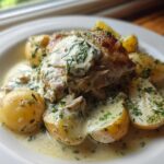 A serving of braised chicken thighs covered in a creamy herb sauce alongside small boiled potatoes.
