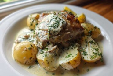 A serving of braised chicken thighs covered in a creamy herb sauce alongside small boiled potatoes.