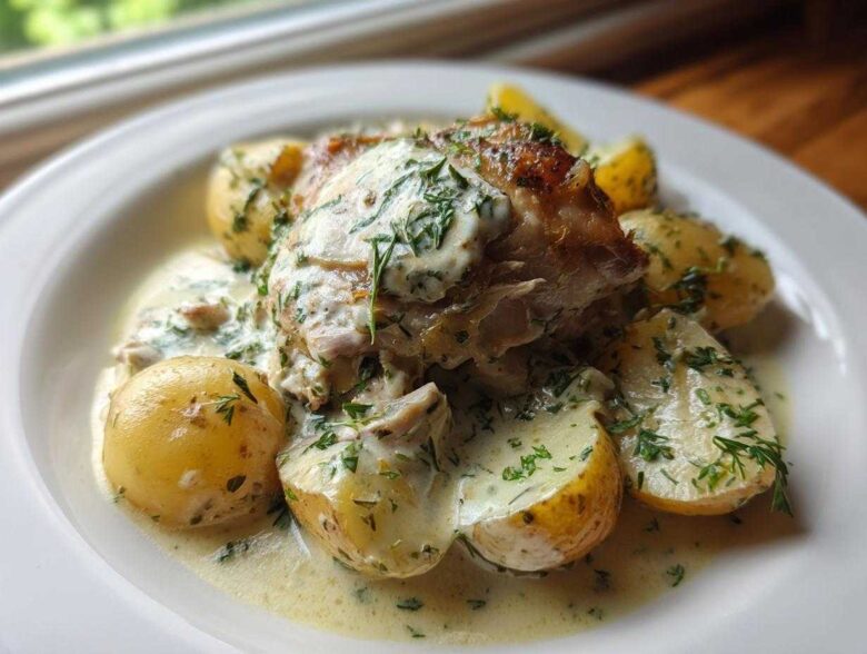 A serving of braised chicken thighs covered in a creamy herb sauce alongside small boiled potatoes.
