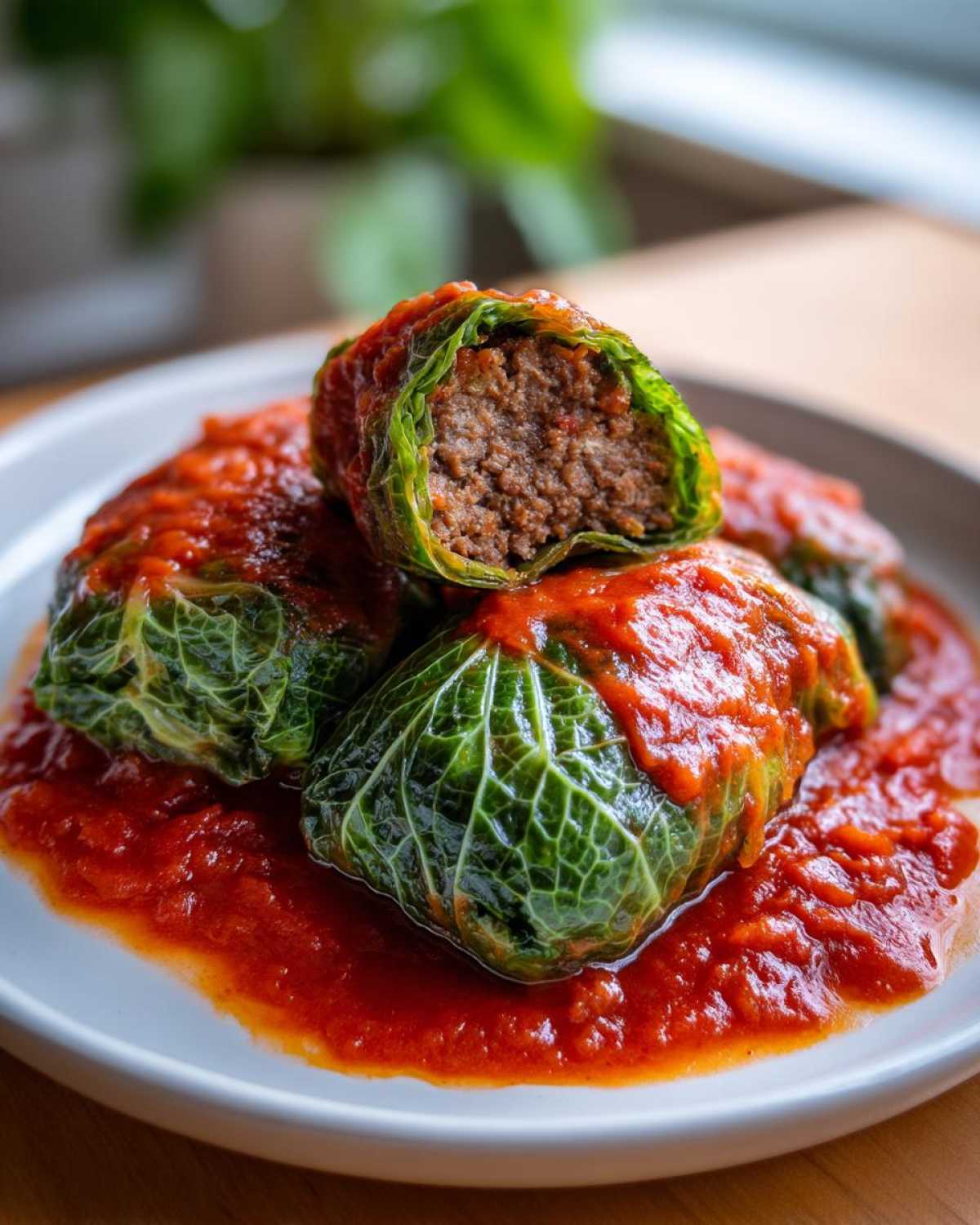 Close-up of homemade cabbage rolls stuffed with meat, covered in rich tomato sauce.