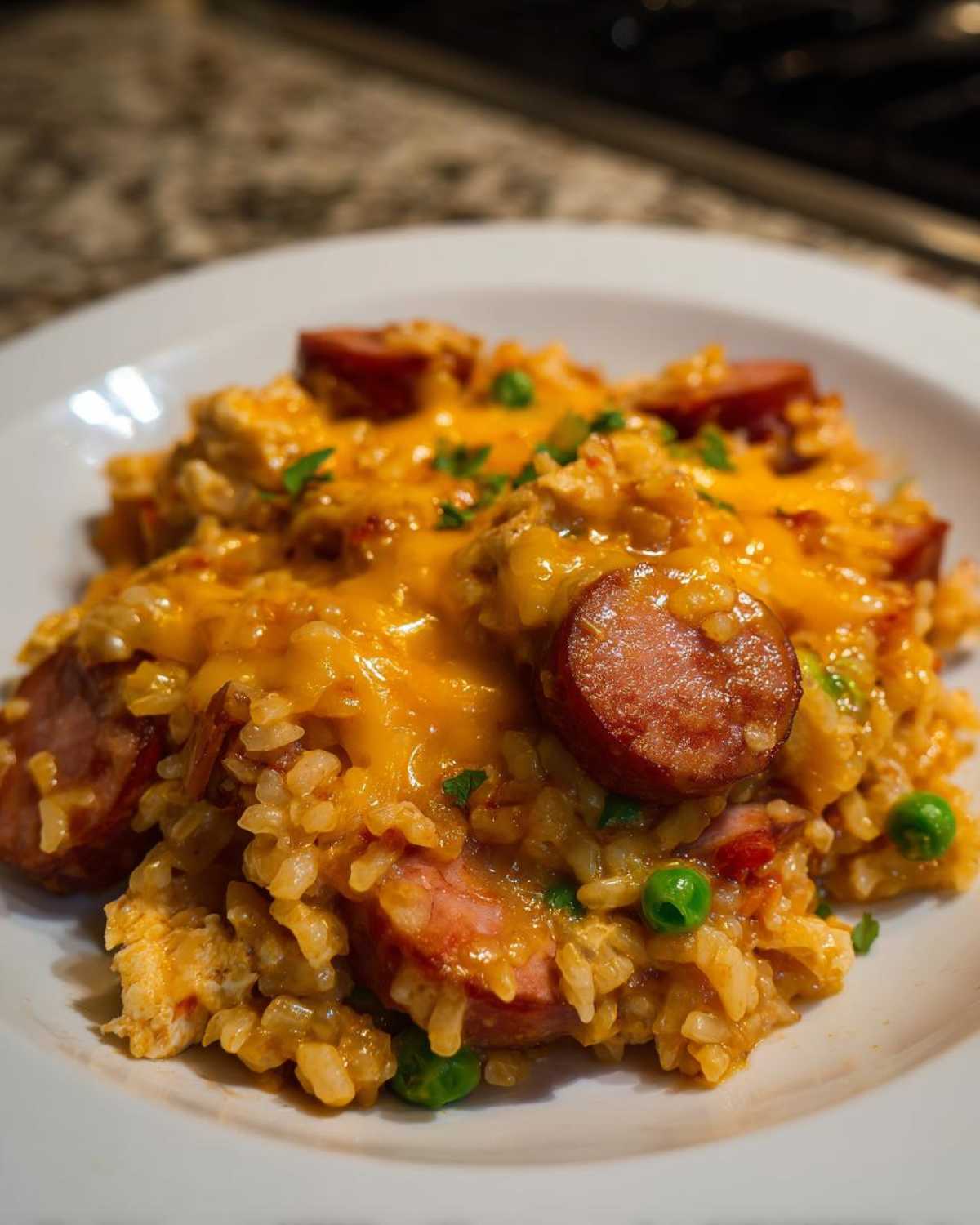 Close-up of cheesy sausage and rice casserole topped with melted cheddar and green peas.