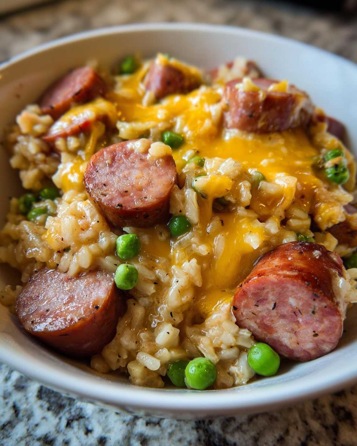 A close-up of a creamy bowl of sausage and rice mixed with bright green peas and topped with melted cheddar cheese.