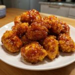 Close-up of crispy, bite-sized pieces coated in a thick, glossy sauce from the orange chicken recipe.