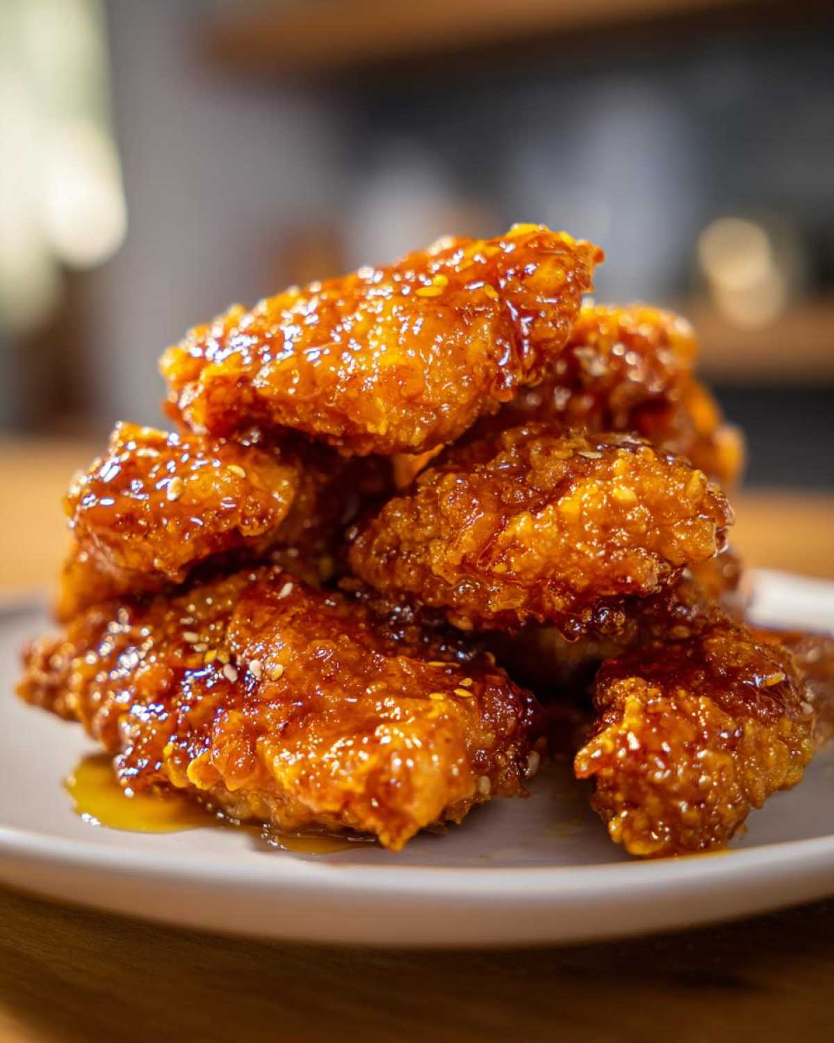Close-up of crispy, glazed pieces of chicken coated in shiny orange sauce, part of an amazing orange chicken recipe.