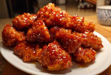 Close-up of crispy pieces of orange chicken recipe coated in a thick, shiny orange glaze and sprinkled with sesame seeds.