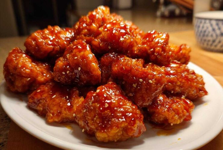 Close-up of crispy pieces of orange chicken recipe coated in a thick, shiny orange glaze and sprinkled with sesame seeds.