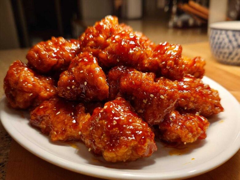 Close-up of crispy pieces of orange chicken recipe coated in a thick, shiny orange glaze and sprinkled with sesame seeds.