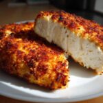 Close-up of juicy parmesan crusted chicken, one piece cut open to show white, cooked interior.