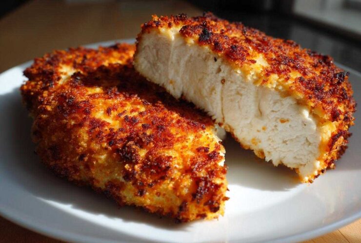 Close-up of juicy parmesan crusted chicken, one piece cut open to show white, cooked interior.