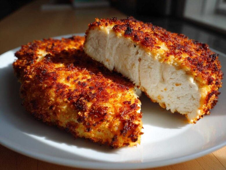 Close-up of juicy parmesan crusted chicken, one piece cut open to show white, cooked interior.
