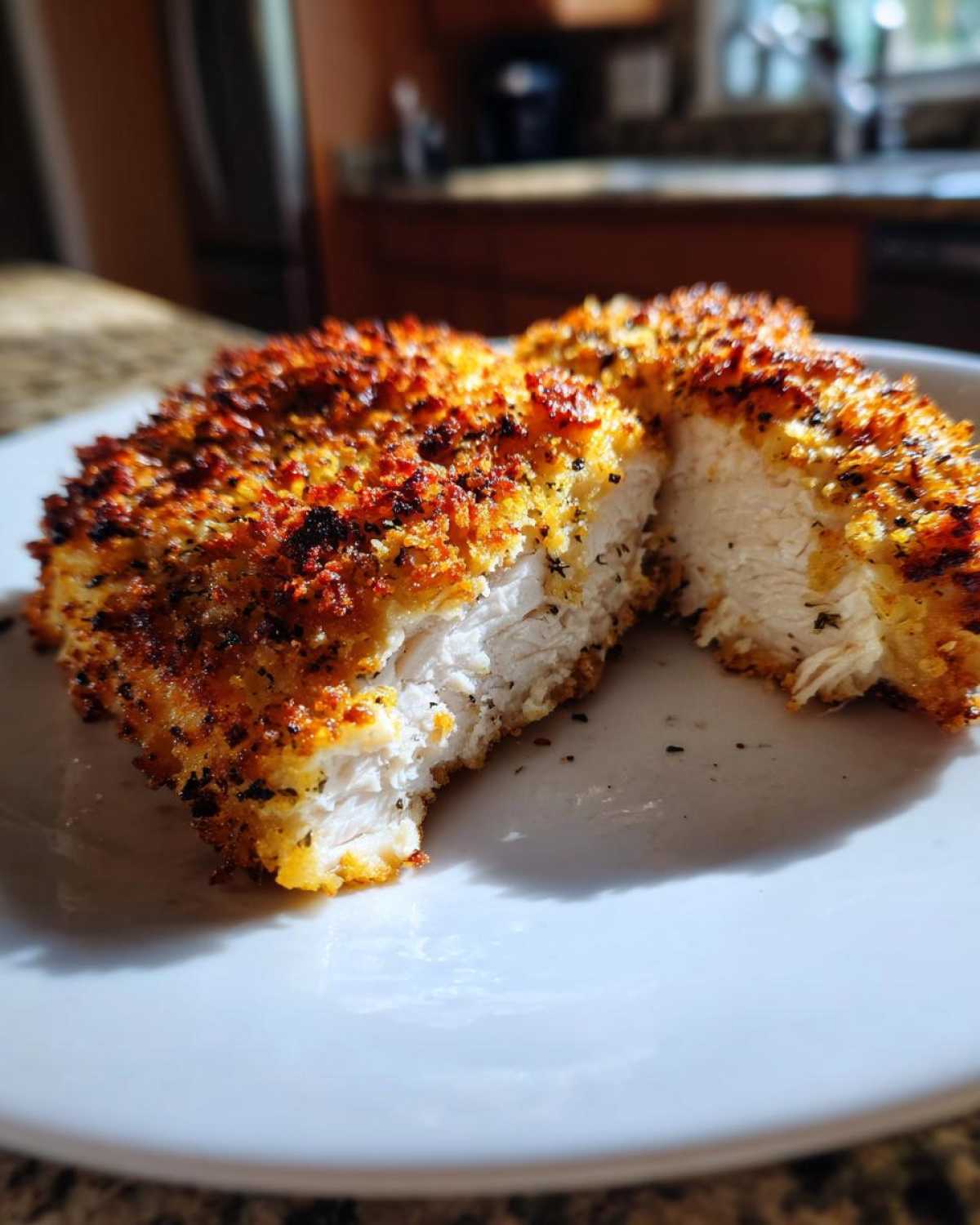 Close-up of parmesan crusted chicken cut in half showing juicy white meat inside and a golden, crispy crust.