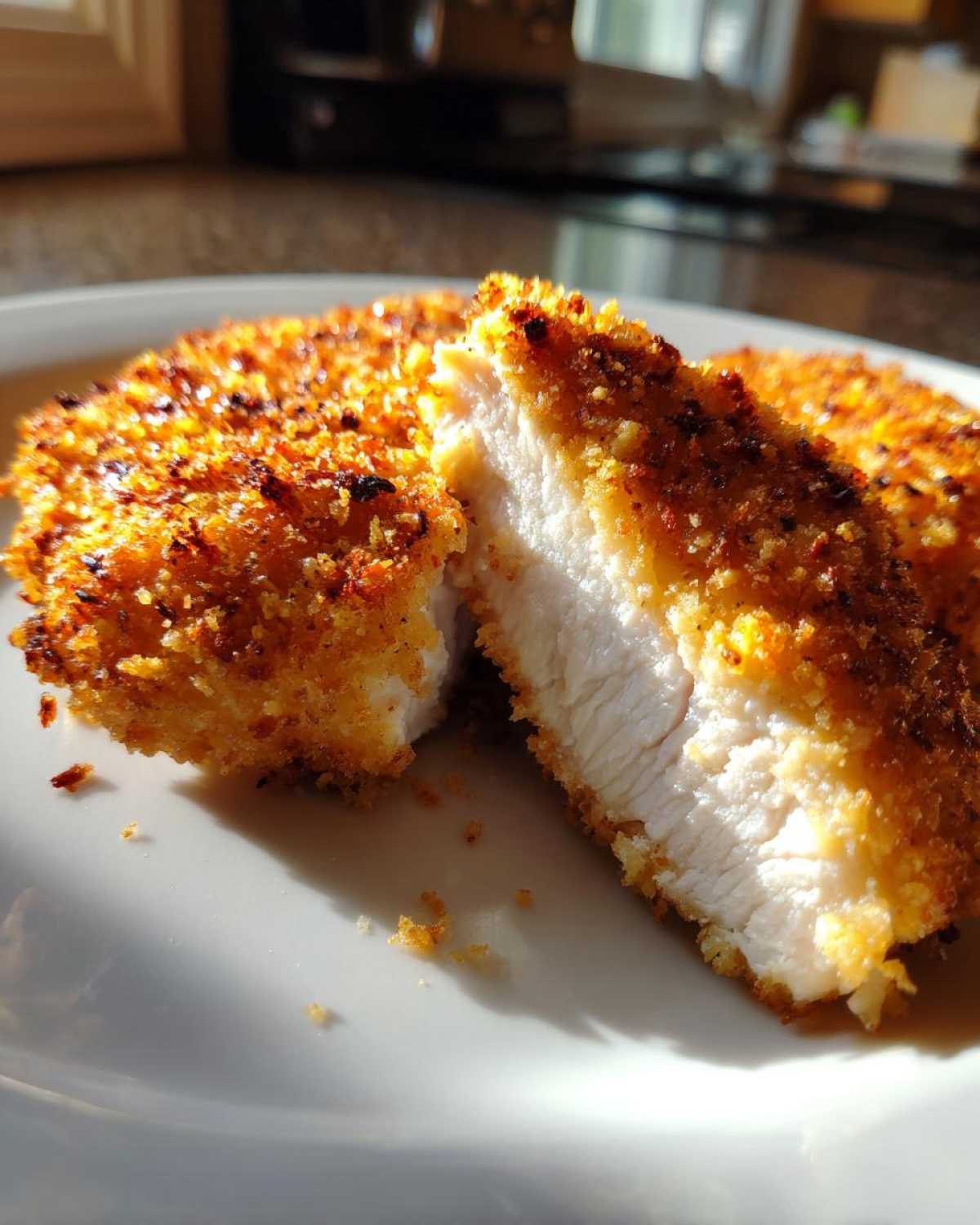 Close-up of parmesan crusted chicken cut in half, showing juicy white meat inside the golden crust.