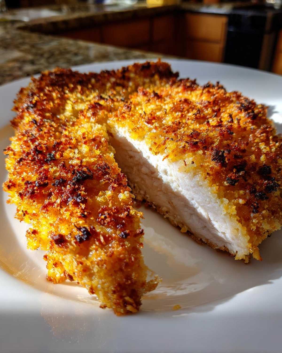 Close-up of a golden brown, crispy parmesan crusted chicken cutlet sliced in half to show the juicy white meat inside.