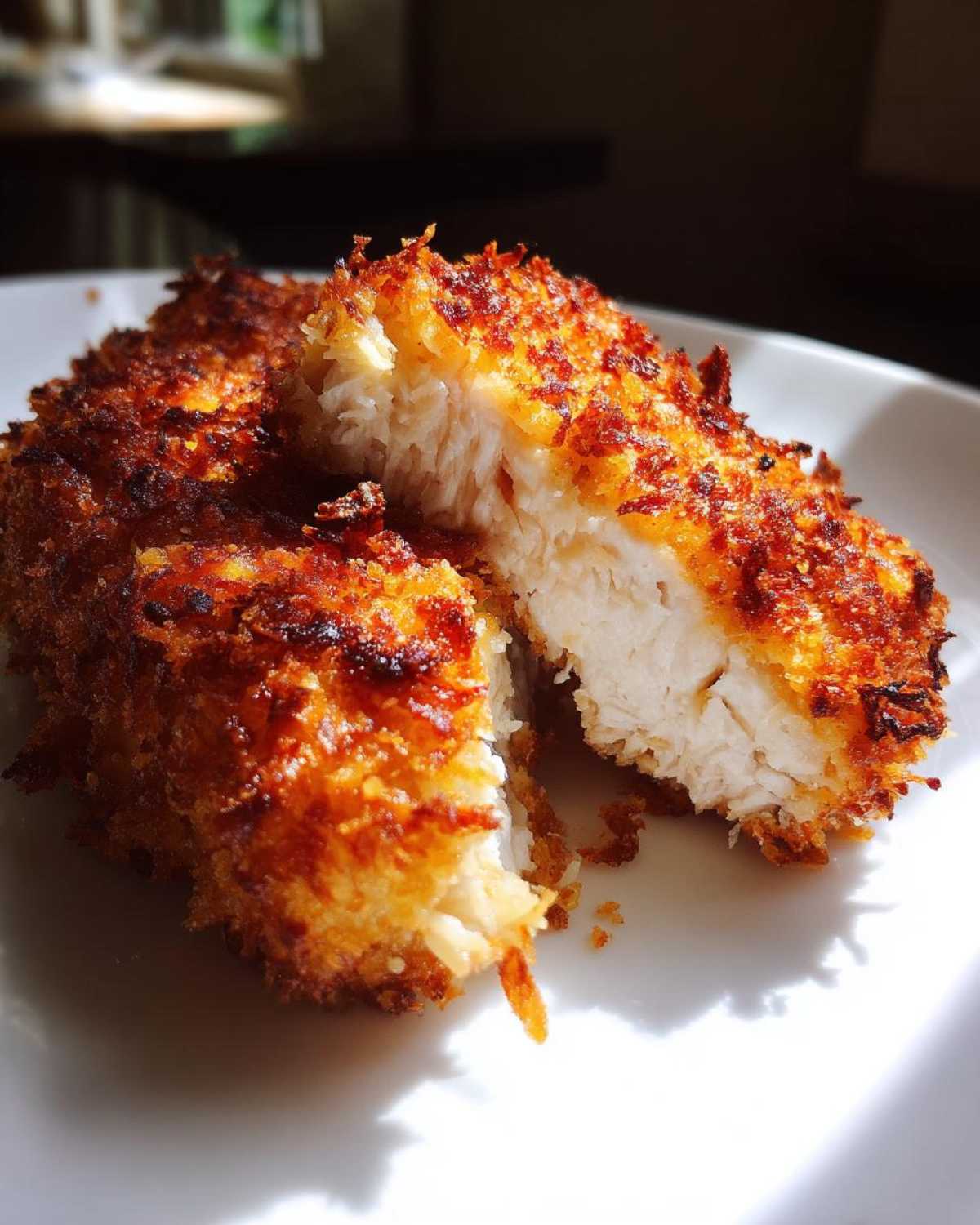 Close-up of parmesan crusted chicken cut in half showing juicy white meat.