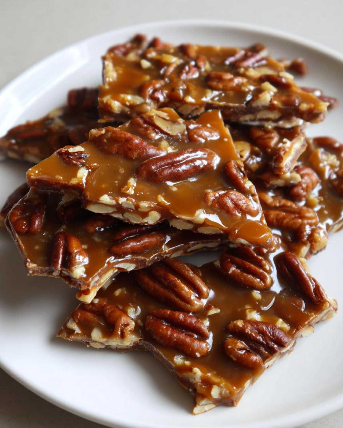 Close-up of broken pieces of shiny, caramel-coated Pecan Pie Bark stacked on a white plate.