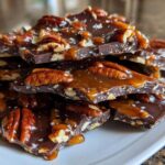 A stack of broken pieces of rich dark chocolate Pecan Pie Bark topped with gooey caramel and whole pecans.