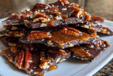 A stack of broken pieces of rich dark chocolate Pecan Pie Bark topped with gooey caramel and whole pecans.