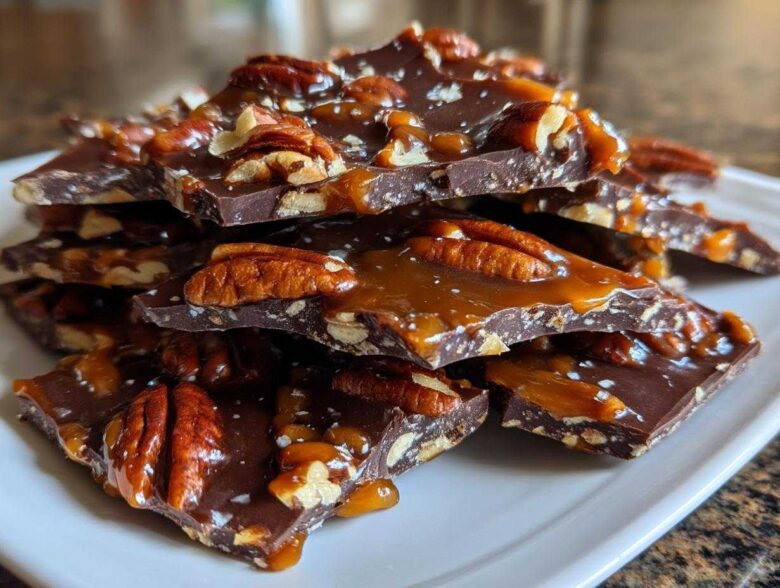 A stack of broken pieces of rich dark chocolate Pecan Pie Bark topped with gooey caramel and whole pecans.