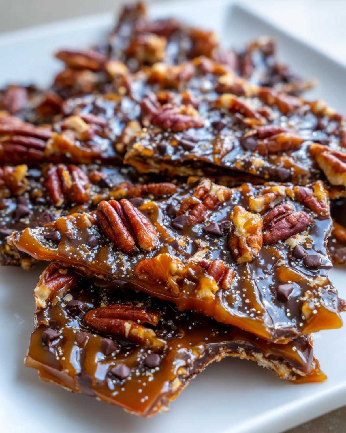 Close-up of stacked pieces of shiny Pecan Pie Bark topped with pecans, chocolate chips, and sugar crystals.