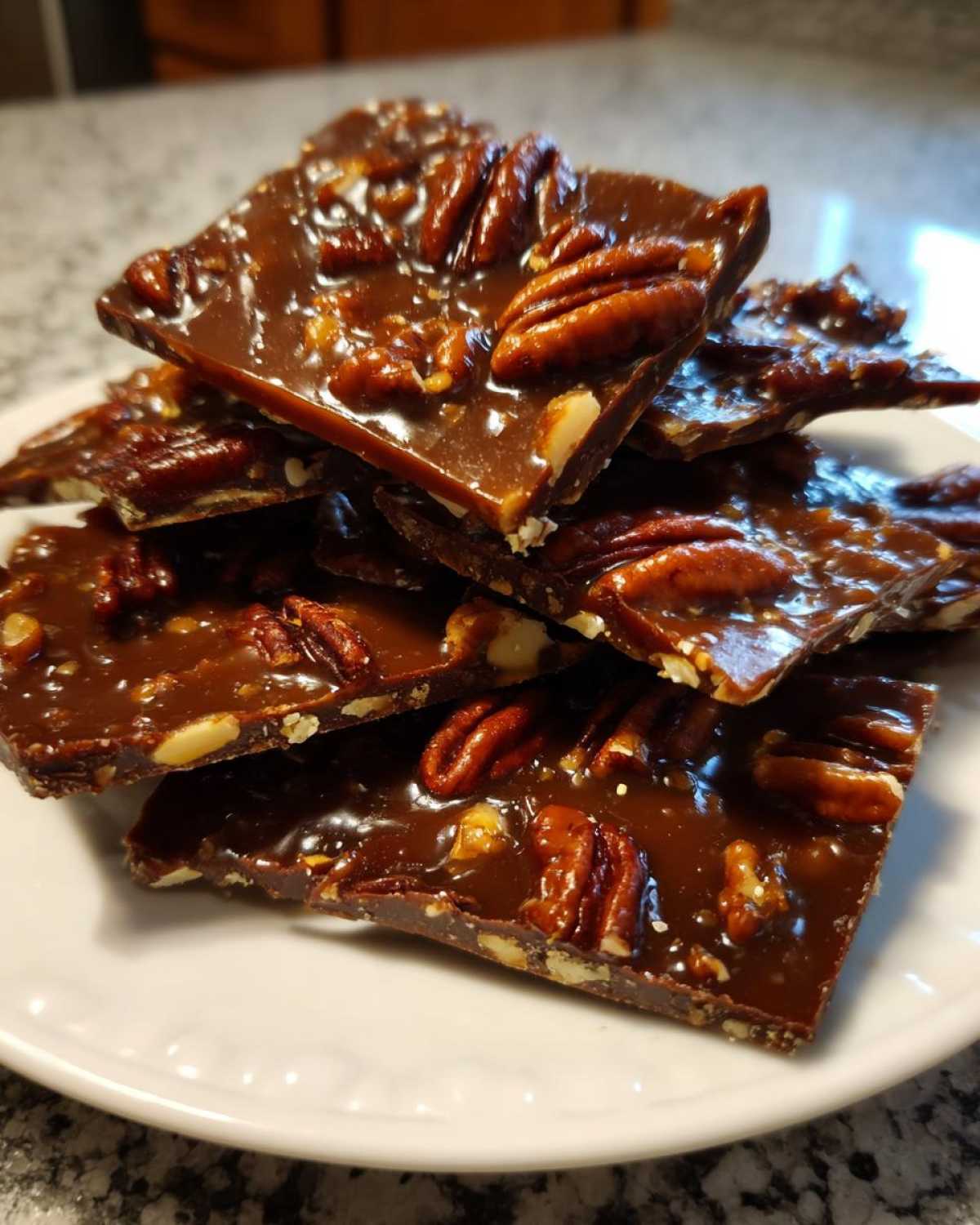 A stack of broken pieces of shiny, dark Pecan Pie Bark topped with whole pecans on a white plate.