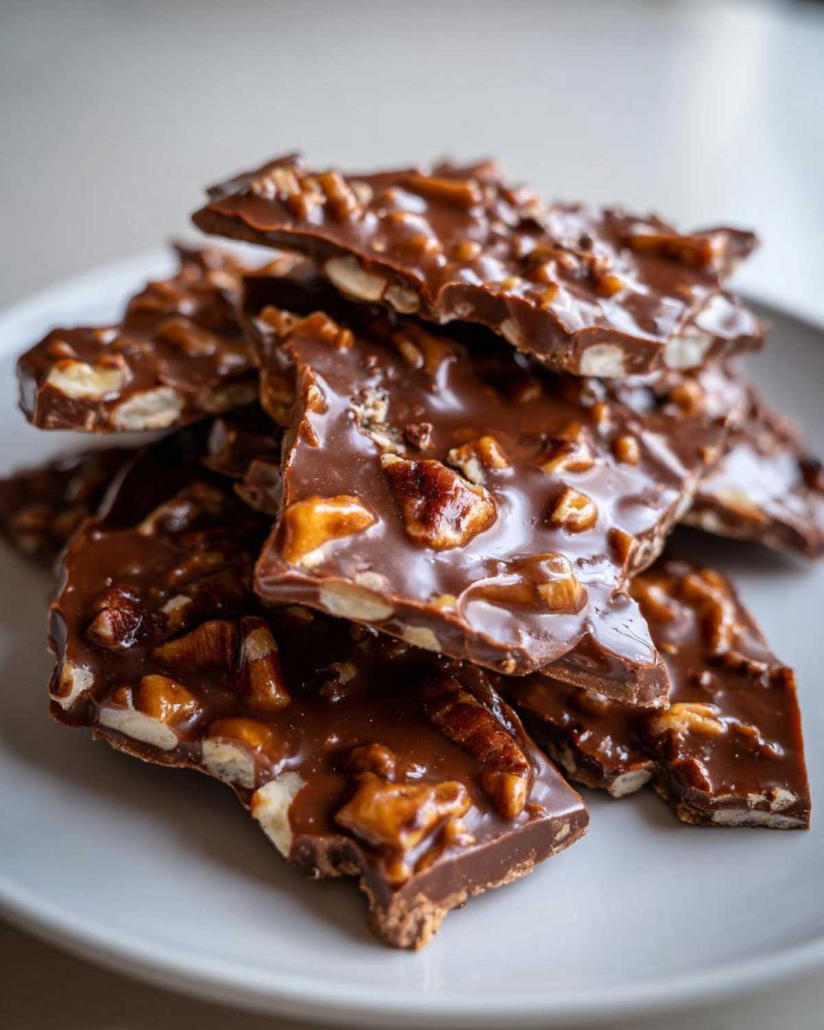 A stack of broken pieces of glossy Pecan Pie Bark loaded with pecans on a light gray plate.